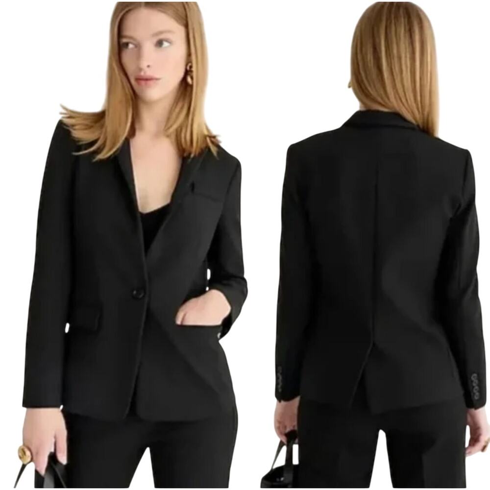 J Crew Regent Blazer Jacket Wool Blend Pop Collar Single Button Black Womens 2